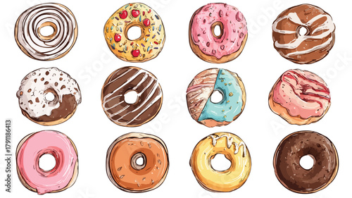 Diverse Group of Kids Enjoying Various Types of Donuts in a Collage Vector Illustration