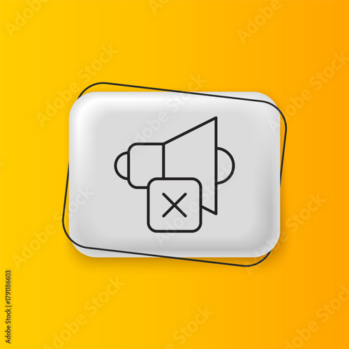 Black Speaker mute icon isolated on yellow background. No sound icon. Volume Off symbol. Silver rectangle button. Vector
