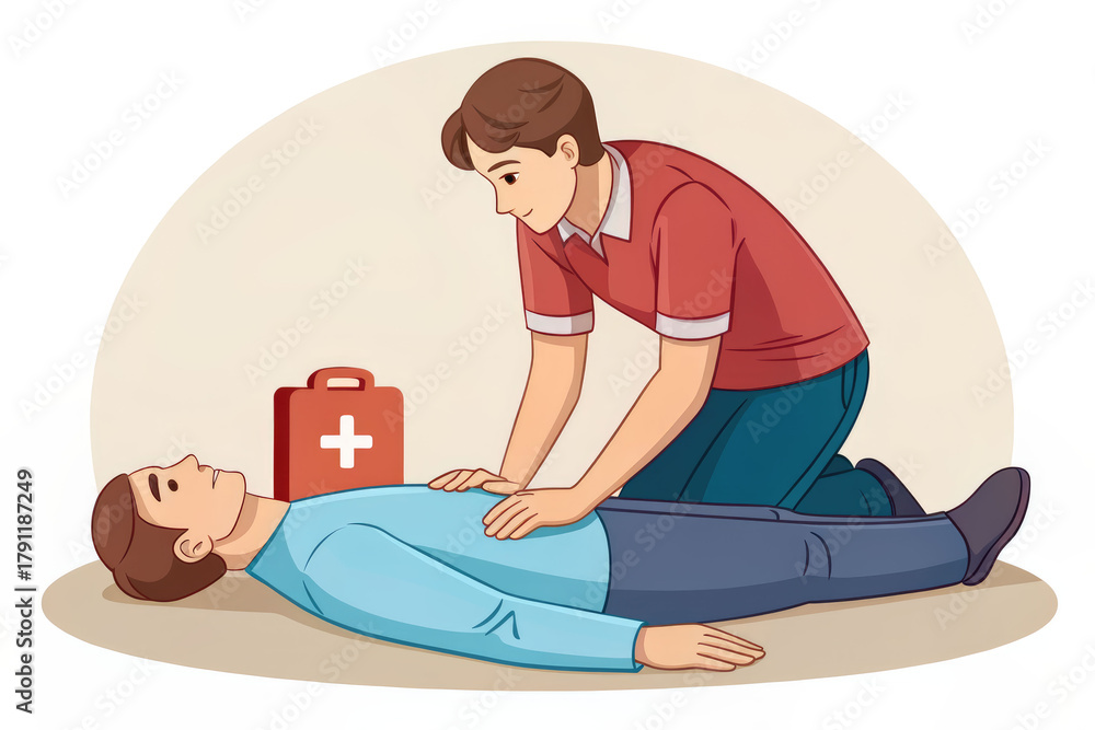 Obraz premium A man administers first aid and CPR to an unconscious person next to a first aid kit