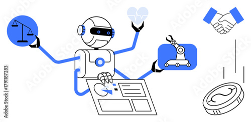 Advanced robot managing tasks holding justice scale, heart icon, robotic arm, navigating data and handshake. Ideal for AI, innovation, technology, automation, law ethics collaboration themes