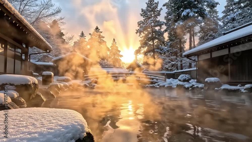 Magical Steaming Hot Spring (Onsen) at Sunrise in Snowy Winter Landscape