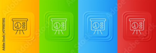 White Presentation financial business board with graph, schedule, chart, diagram, infographic, pie graph icon isolated on colorful background. Set icons in square buttons. Vector