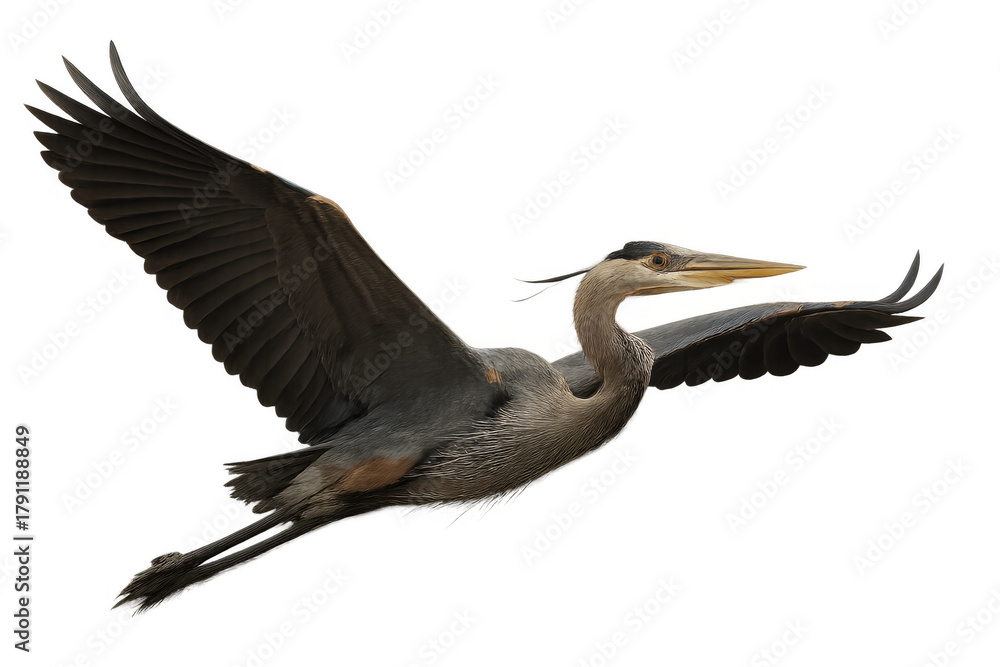 Fototapeta premium Great blue heron flying with wings spread against transparent background, symbolizing freedom and speed