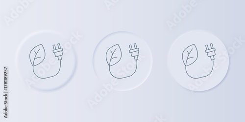 Grey Electric saving plug in leaf icon isolated on grey background. Save energy electricity. Environmental protection. Bio energy. Set icons in square buttons. Vector