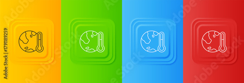White Planet earth melting to global warming icon isolated on colorful background. Ecological problems and solutions - thermometer. Set icons in square buttons. Vector