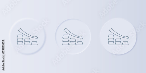 Grey Finance falling chart arrow with gold bars icon isolated on grey background. Financial success concept. Gold investment concept. Set icons in square buttons. Vector