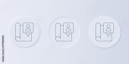 Grey Folded map with location marker icon isolated on grey background. Set icons in square buttons. Vector
