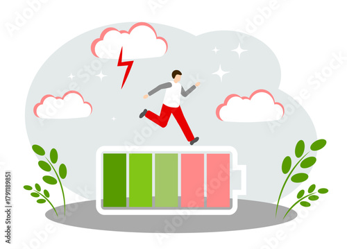 Man, energy and battery. The concept of vigor, productivity, vitality and good health
