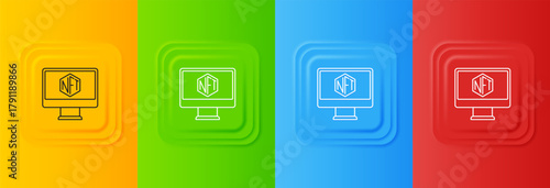White Monitor with art store app icon isolated on colorful background. Technology of selling NFT tokens for cryptocurrency. Non fungible token concept. Set icons in square buttons. Vector
