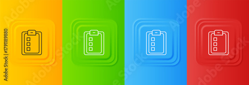 White Online quiz, test, survey or checklist icon isolated on colorful background. Exam list. E-education concept. Set icons in square buttons. Vector