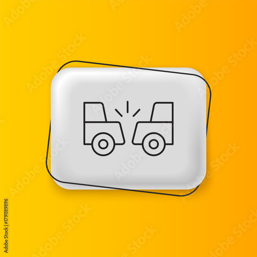 Black Car accident icon isolated on yellow background. Auto accident involving two cars. Silver rectangle button. Vector