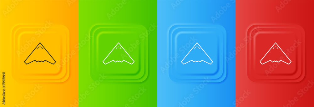 Fototapeta premium White Jet fighter icon isolated on colorful background. Military aircraft. Set icons in square buttons. Vector