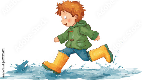 Playful Young Boy in Vibrant Rain Boots Enjoying Outdoor Playtime