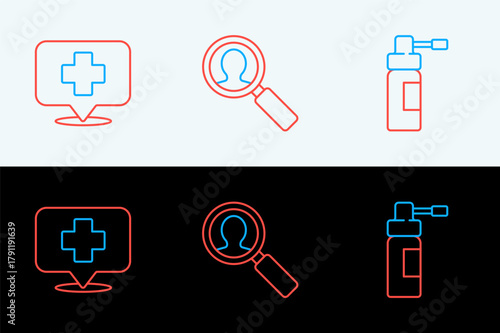 Set line Bottle with nozzle spray, Map pointer cross hospital and Medical analysis icon. Vector
