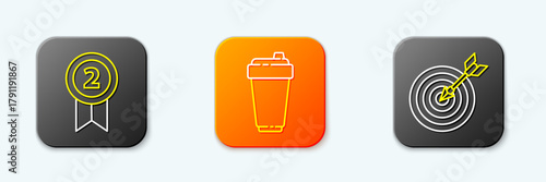 Set line Medal, Fitness shaker and Target with arrow icon. Vector
