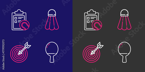 Set line Racket for playing table tennis, Target with arrow, Badminton shuttlecock and Checklist clipboard and ball icon. Vector