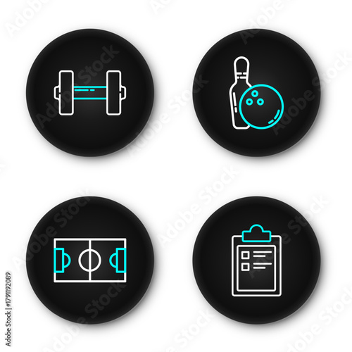 Set line Sport training program, Football soccer field, Bowling pin and and Dumbbell icon. Vector