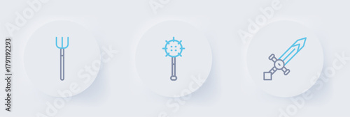 Set line Medieval sword, chained mace ball and Garden pitchfork icon. Vector