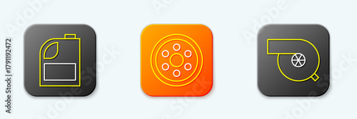 Set line Canister for motor machine oil, Alloy wheel and Automotive turbocharger icon. Vector