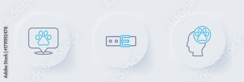 Set line Human with animals footprint, Collar name tag and Location veterinary icon. Vector