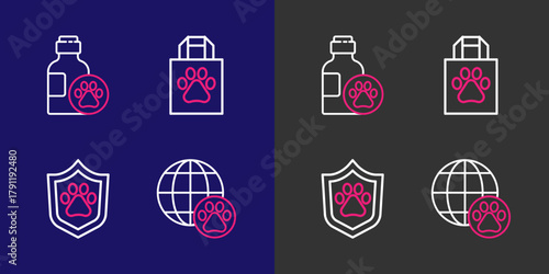 Set line World pet, Animal health insurance, Shopping bag and Pet shampoo icon. Vector