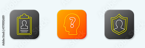 Set line Clipboard with resume, Head question mark and User protection icon. Vector