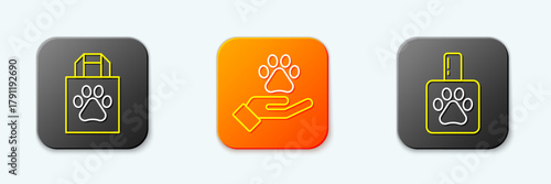 Set line Shopping bag pet, Hands with animals footprint and Pet shampoo icon. Vector