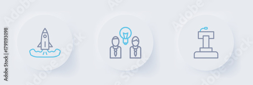 Set line Stage stand or tribune, People with lamp bulb and Rocket icon. Vector