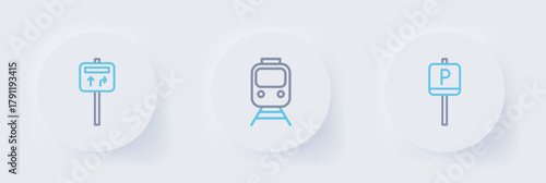 Set line Parking, Train and railway and Road traffic signpost icon. Vector