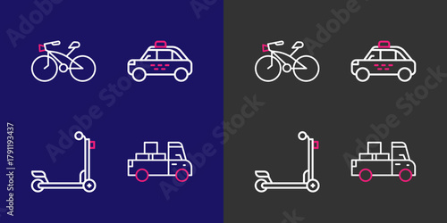 Set line Delivery truck, Scooter, Taxi car and Bicycle icon. Vector