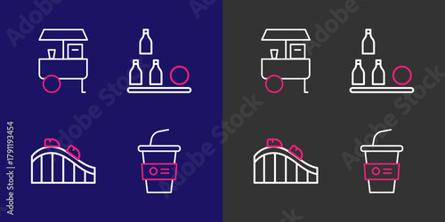 Set line Paper glass with water, Roller coaster, Bottles ball and Fast street food cart icon. Vector