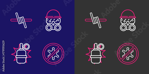 Set line Protest, Hand grenade, Gas mask and Barbed wire icon. Vector