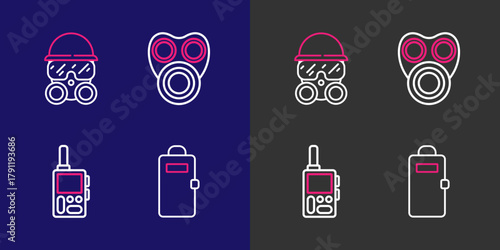 Set line Police assault shield, Walkie talkie, Gas mask and icon. Vector