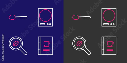 Set line Coffee book, Selection coffee beans, Electronic scales and Spoon icon. Vector