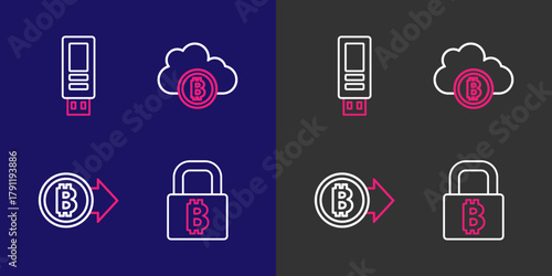 Set line Lock with bitcoin, Bitcoin, Cryptocurrency cloud mining and USB flash drive icon. Vector