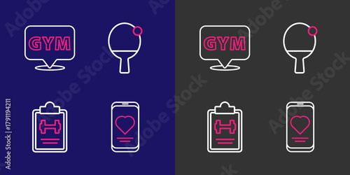 Set line Mobile with heart rate, Sport training program, Racket and ball and Location gym icon. Vector