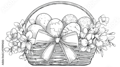 Easter Wicker Basket with Bow, Flowers and Paint Vector