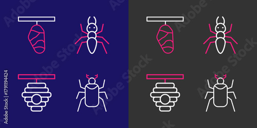 Set line Beetle bug, Hive for bees, Ant and Butterfly cocoon icon. Vector