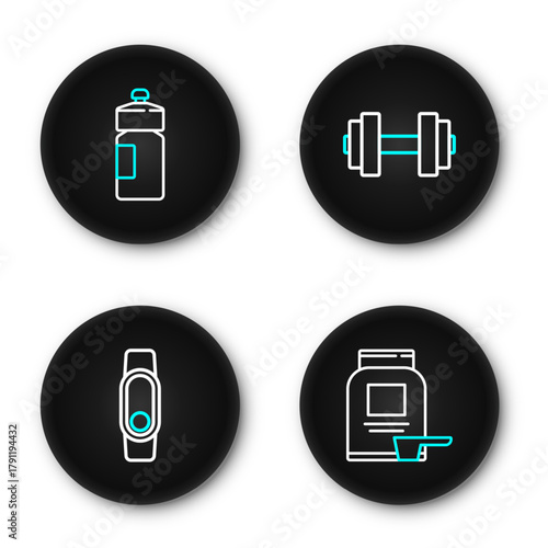 Set line Sports nutrition, Smartwatch, Dumbbell and Fitness shaker icon. Vector
