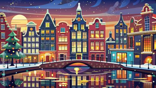 Very beautiful Amsterdam Netherlands canals glowing with Christmas lights during December nights, reflecting softly on the calm water through the historical center, showcasing charming architecture an