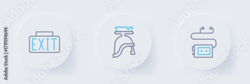 Set line Museum audio guide, Roman army helmet and Exit sign icon. Vector