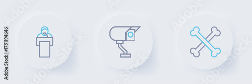 Set line Crossed human bones, Security camera and Gives lecture icon. Vector