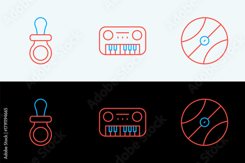 Set line Basketball ball, Baby dummy pacifier and Toy piano icon. Vector