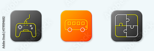 Set line Gamepad, Bus toy and Puzzle pieces icon. Vector