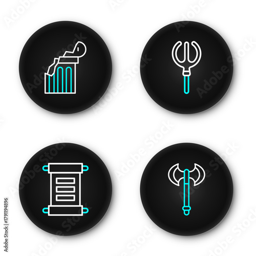Set line Medieval axe, Decree, parchment, scroll, Neptune Trident and Broken ancient column icon. Vector