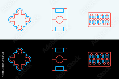 Set line Board game, Puzzle pieces toy and Hockey table icon. Vector