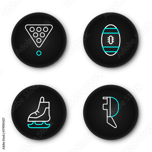 Set line Fencing helmet mask, Skates, American Football ball and Billiard balls rack triangle icon. Vector