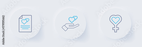 Set line Female gender symbol, Heart in hand and Greeting card icon. Vector
