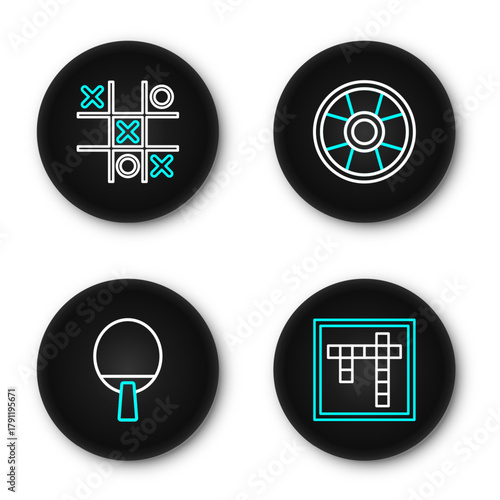 Set line Bingo, Racket, Casino chip and Tic tac toe game icon. Vector