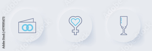 Set line Glass of champagne, Female gender symbol and Greeting card icon. Vector